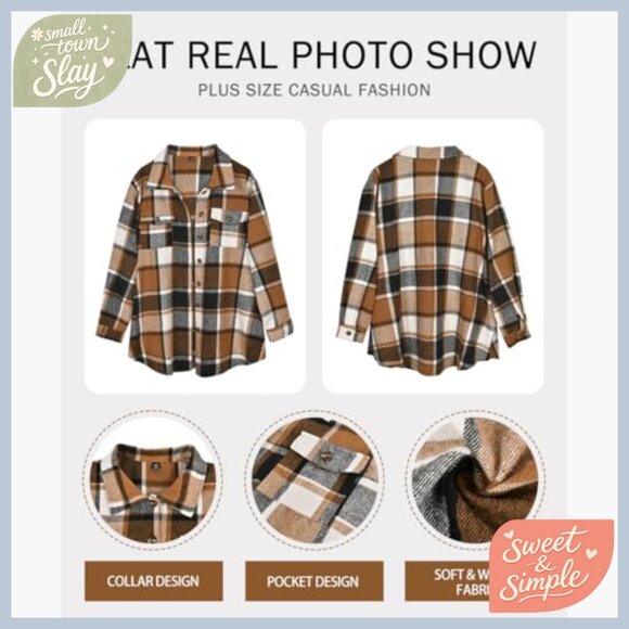 Plus Size Flannel Shacket Long Sleeve Button Down Blouse Casual Tops - Picture 5 of 6